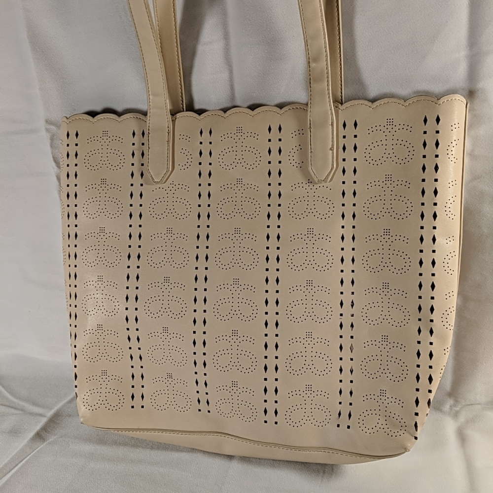 Arbonne Tote Bag Beige Tan Faux Leather Eco Friendly Shoulder Purse 11.5x14.75x3